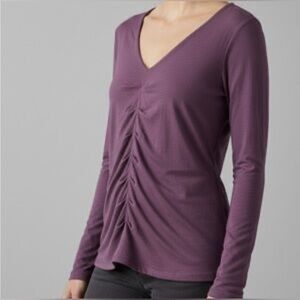 CAbi Women’s Size S Purple Pleated Front V-Neck Long Sleeve Cotton Shirt